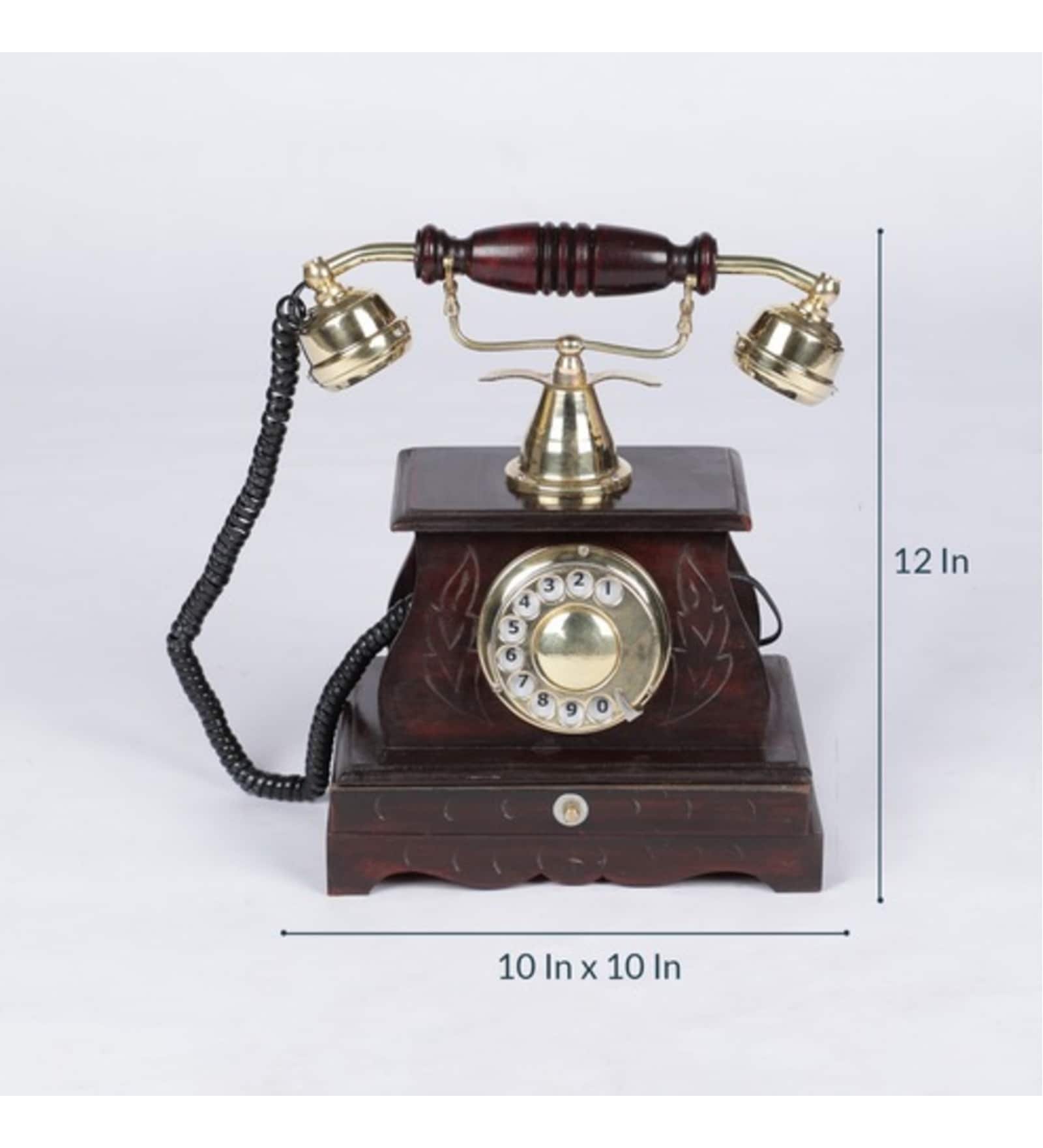 Vintage Working Telephone In Brown Wood & Metal Showpiece